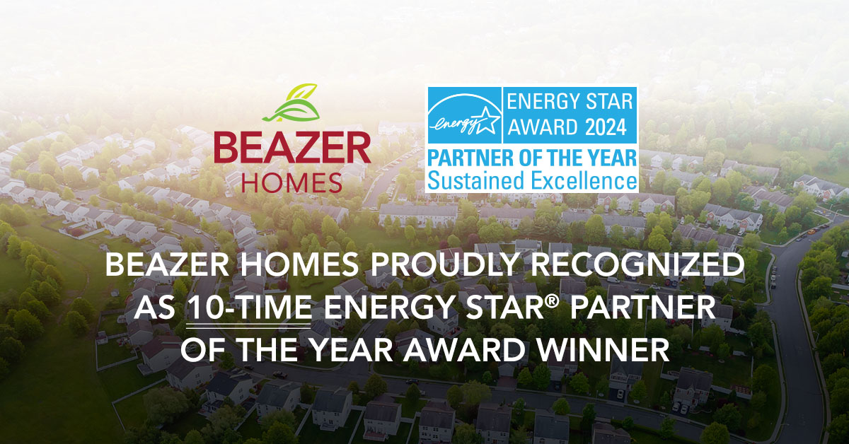 aerial view of a Beazer Homes community with the words "Beazer Homes proudly recognized as 10-time ENery Star Partner of the Year award winner"